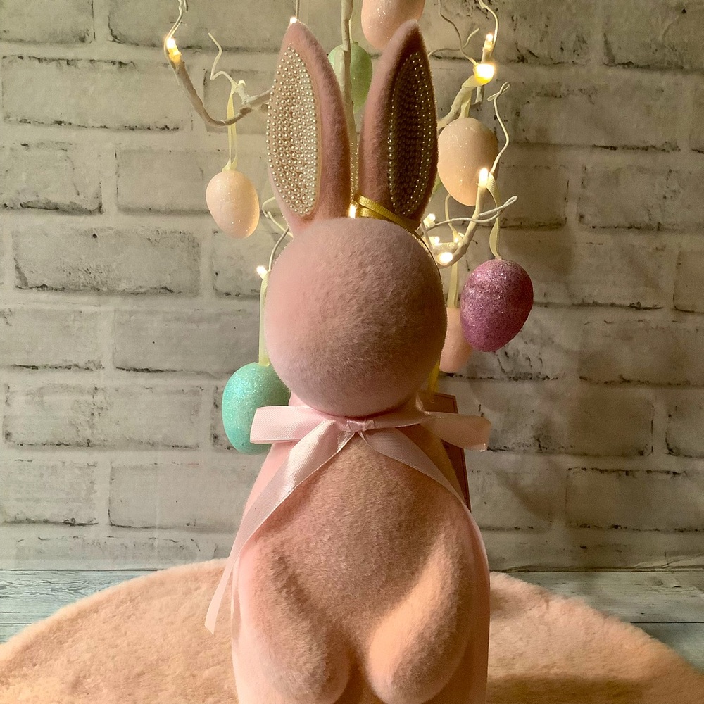 BELLA LUX Pink 15in Flocked Rabbit With Ribbon - Picture 2 of 6
